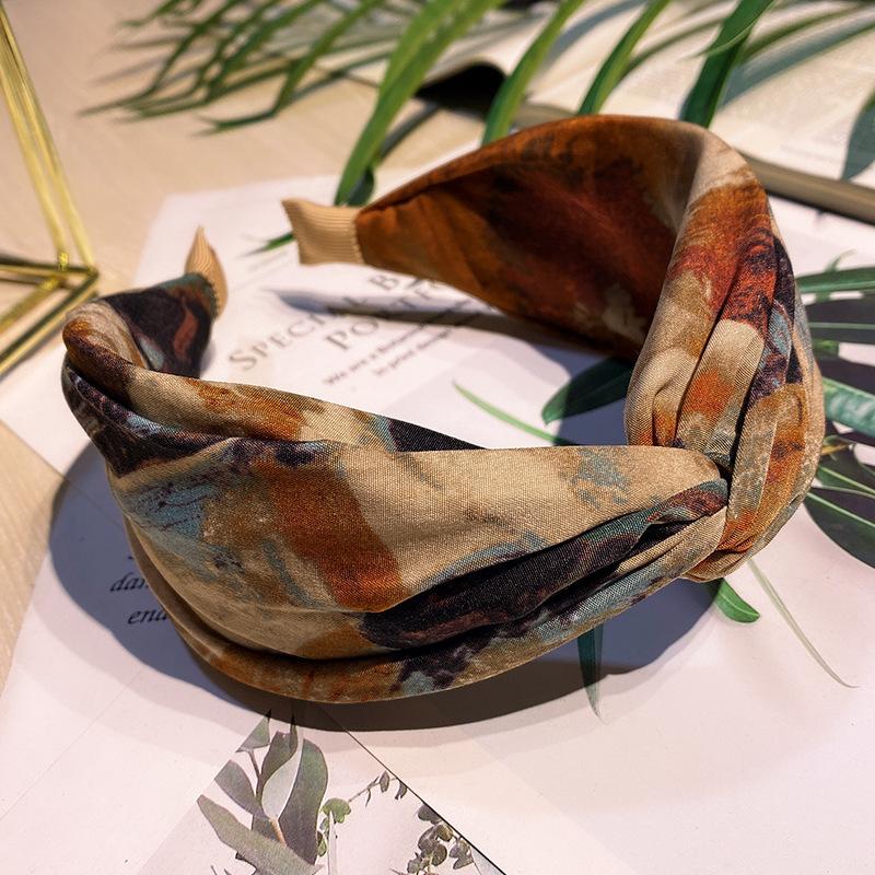 Silk Painting Dye - タイダイプリントヘッドバンド - ヴィンテージ油絵風ワイドデザイン、夏のアップスタイルに最適なハイクラウンヘアアクセサリー