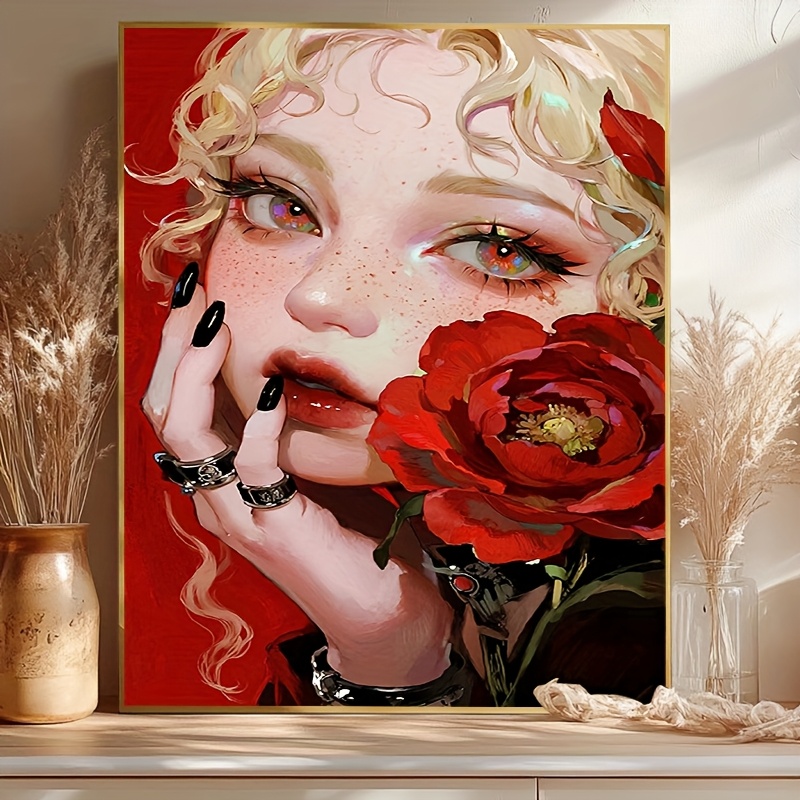 Art Craft Rose - 大人向けペイント・バイ・ナンバーズキット 初心者向け 40X50CM 赤いバラの少女の肖像 DIYキャンバス絵画 ホームウォールデコレーション