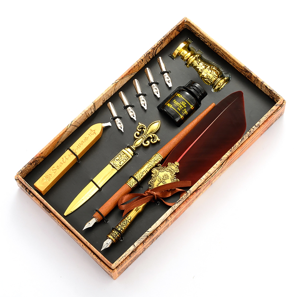 Batik Wax Kit - アンティーク万年筆セット、羽根ペンディップペンキット、レトロ木製ディップペンセット、クラシックワックスシールスタンプキット、カリグラフィーアート、文字、ギフト用