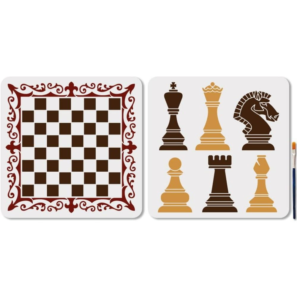 Art Craft Board - 2 個のチェスの駒ステンシル レースチェスボード アートクラフトステンシル 11.8×11.8インチ 再利用可能なキングクイーンナイトテンプレートセット