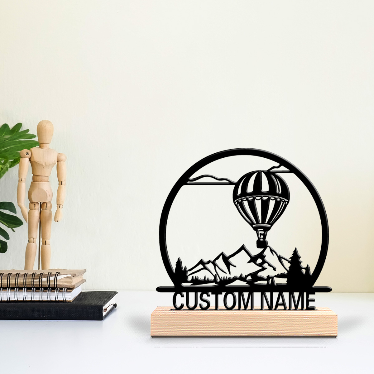 Art Craft Materials - 1個入り 熱気球 カスタムネーム入りブリキ像 金属製オーナメント アートクラフト 木製台座付き