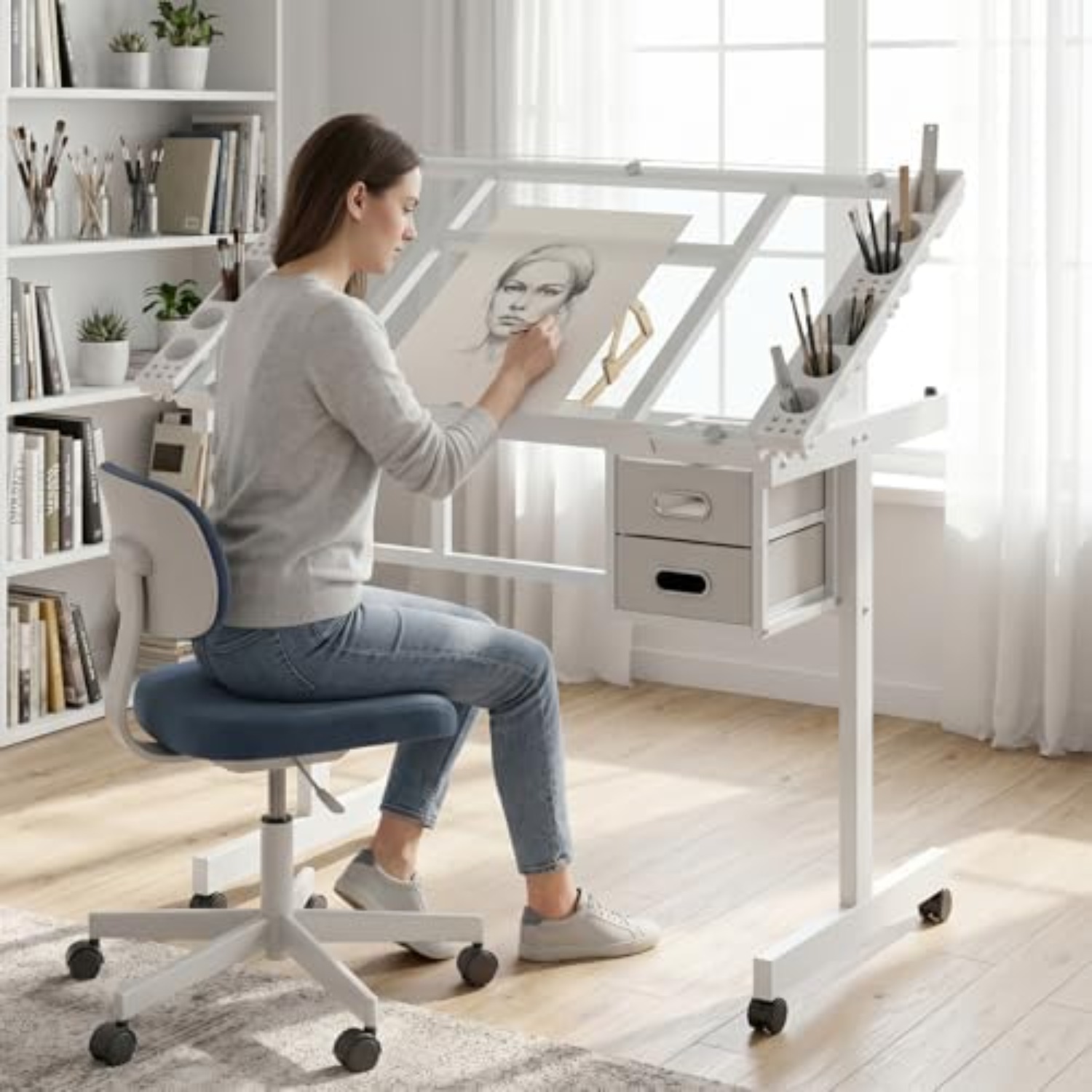 Art Crafts - ローリング製図テーブルデスク、絵画テーブル、アートクラフトデスク、調整可能な傾斜付き強化ガラス天板付きクラフトテーブル、2