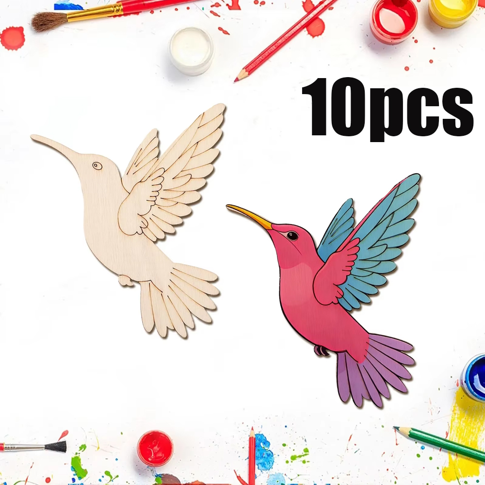 Art Crafts - 10個入り未完成木製動物鳥の切り抜き、木製吊り下げ飾り用木製クラフトセット、DIYアートクラフトペイントホームパーティーデコレーション