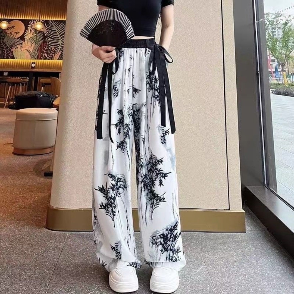 Silk Painting Dye - アイスシルク水墨画カジュアルパンツ絞り染め中国風ストレートパンツ夏ハイウエストパンツ春秋