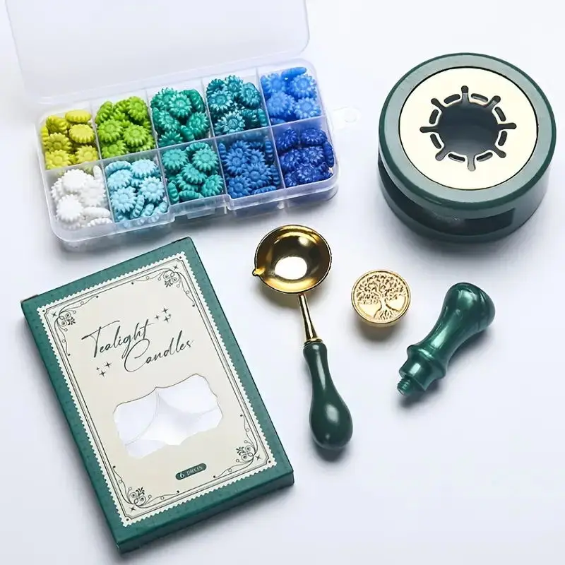 Batik Wax Kit - 200個入りチューリップ型ワックスシールスタンプキット、1個の真鍮製シーリングワックススタンプヘッド、200個のシーリングワックスビーズ、1個のピンクワックススプーン、1個のピンク木製ハンドル