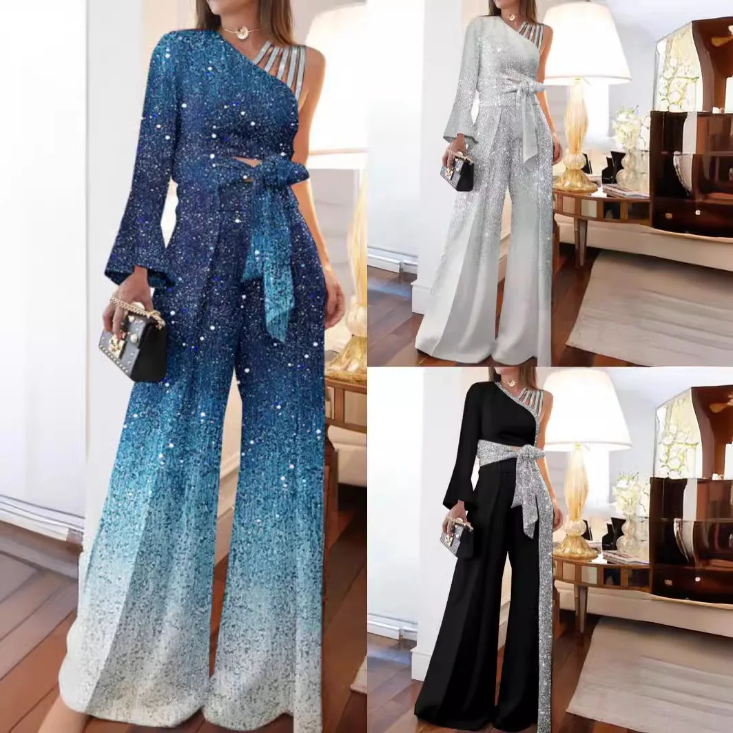 女性用ハイウエストパンツとトップセット,スパンコール,裸の肩 - Silk Painting Dye のレビューと価格